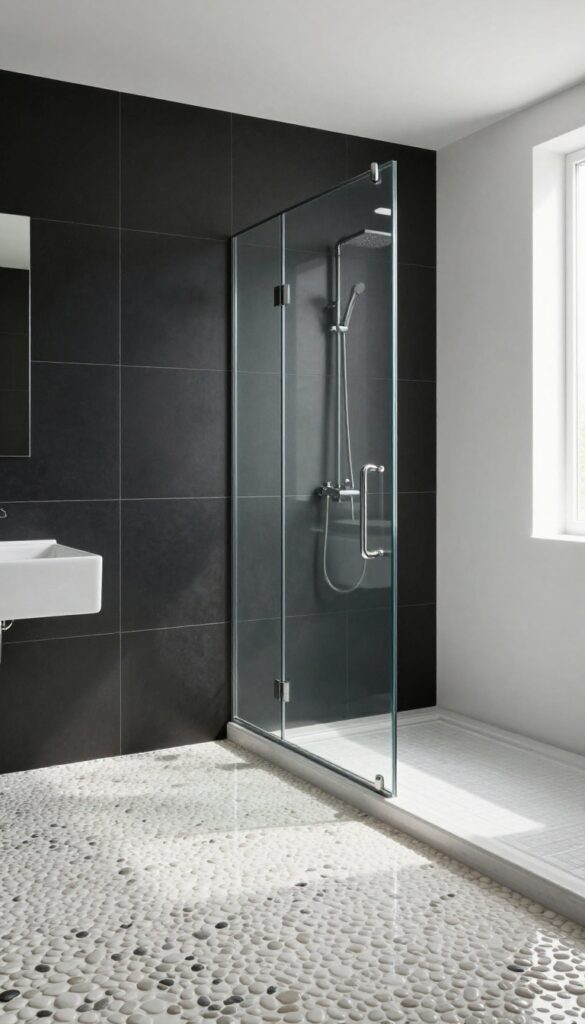 White pebble floor and black accent wall in a bright shower
