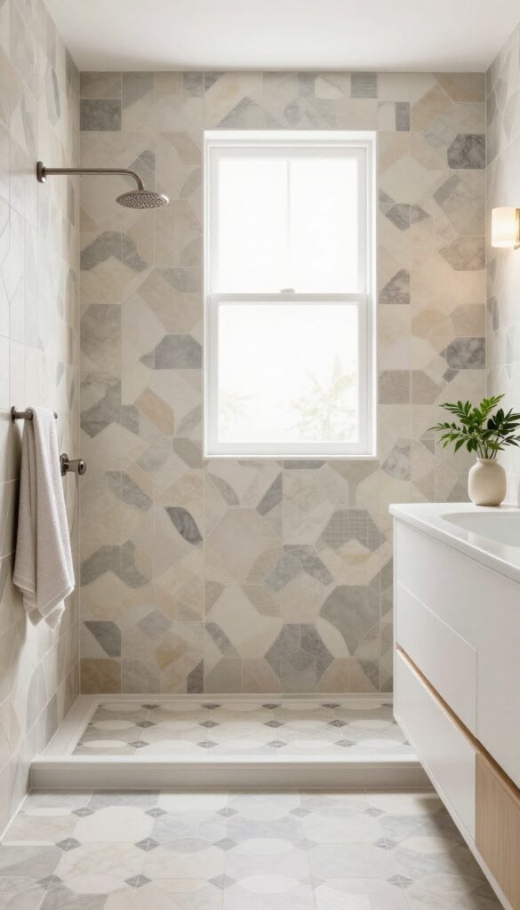 A bathroom with a tiled shower and tub featuring bold geometric patterns in neutral tones, under bright natural light with simple decor.