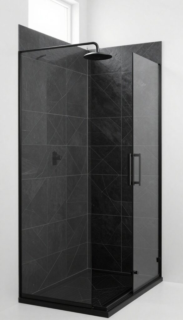 A modern bathroom shower featuring a geometric black tile feature wall with triangle or diamond patterns on one side, paired with white walls and brushed nickel fixtures, showcasing bold yet balanced design for contemporary spaces