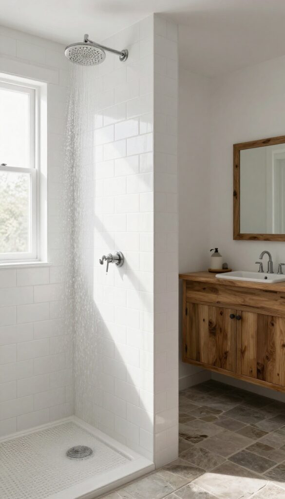 A farmhouse bathroom walk-in shower with a half wall entry in white tile and natural light.