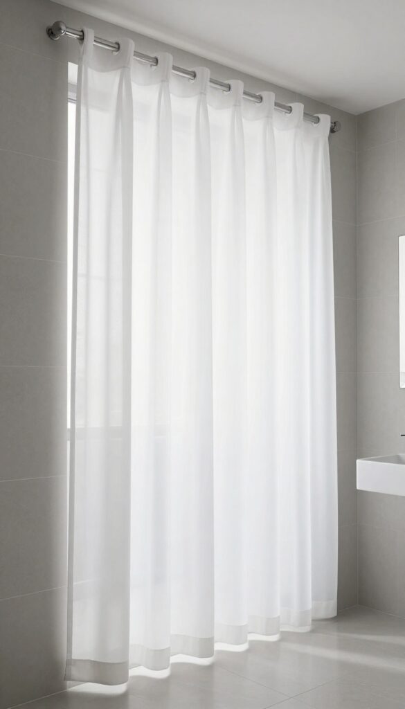 A photorealistic image of a modern bathroom with a long white shower curtain defining a wet zone, showcasing clean lines and natural light in a minimalist style.