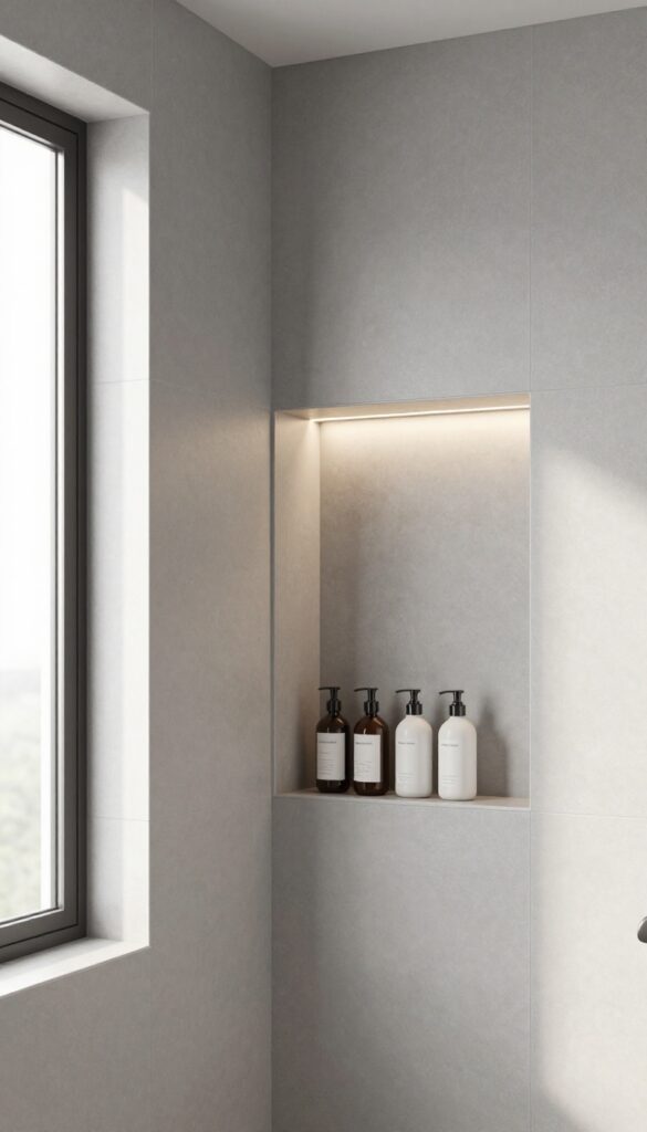 A grey tile shower niche with integrated lighting in a modern bathroom, showcasing organized storage and soft illumination for a clean, inviting look.