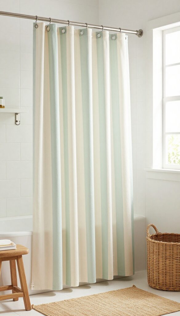 A farmhouse bathroom featuring a striped shower curtain in earthy beige and sage green tones with vertical stripes, set against white tiles and wood accents under bright natural light.