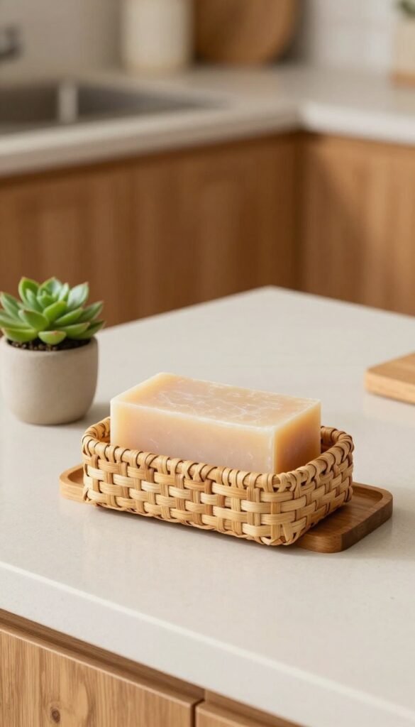 Woven seagrass soap holder on wooden tray with succulent, warm kitchen background