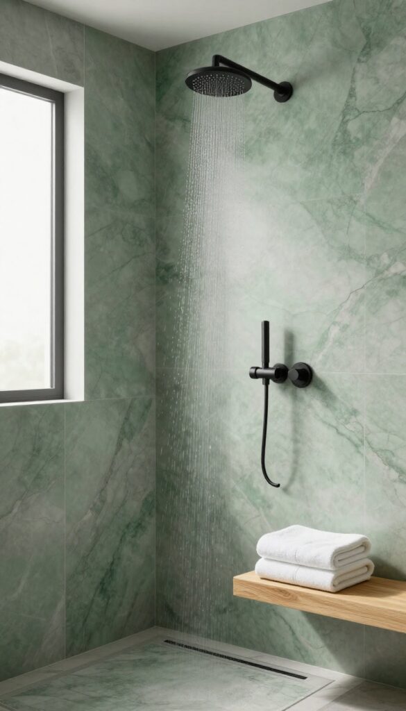 A serene walk-in shower with subtle green marble walls and floor, matte black fixtures, light wood accents, and neutral towels under bright natural light.
