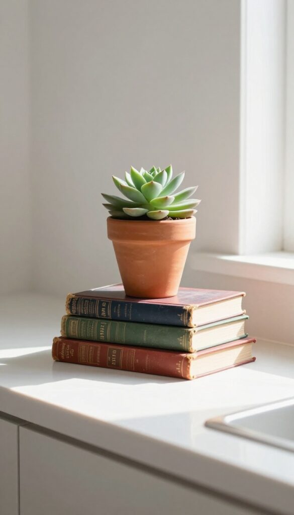 Stack of vintage books with a small succulent on a kitchen table
