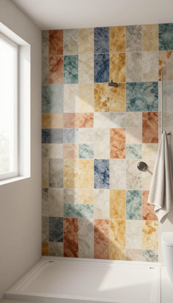 A modern bathroom shower with a bold patterned tile accent wall as the focal point, set in bright natural light with neutral decor.