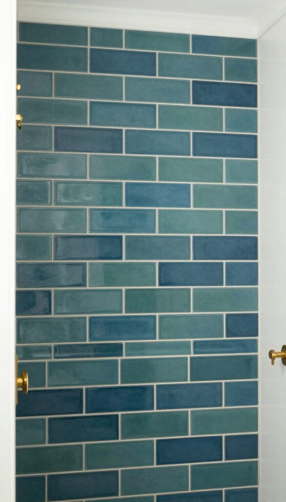 A photorealistic image of a shower backsplash with colorful subway tiles in navy or sage green, showcasing a timeless grid layout under bright natural light. The clean composition features brass fixtures or wood accents for contrast, creating an inviting and modern bathroom aesthetic without any text or logos.