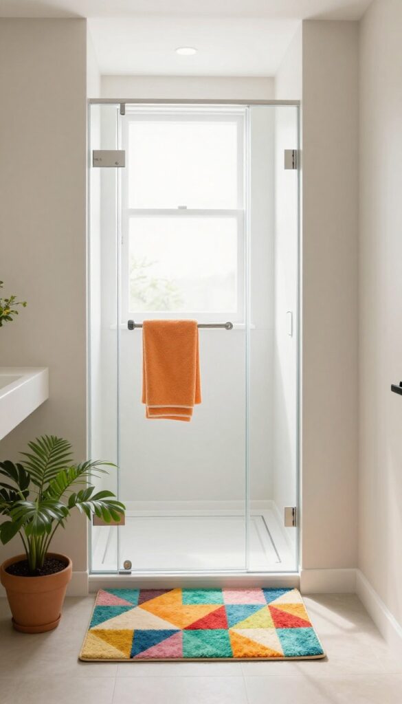 A vibrant patterned mat by a minimalist shower in a neutral bathroom, adding a pop of color and style without clutter.