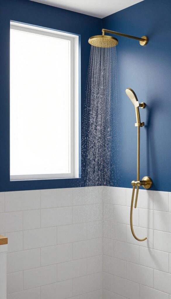 A modern bathroom with a bold blue accent wall behind a rainfall shower, featuring natural light, white tiles, and brushed brass fixtures.