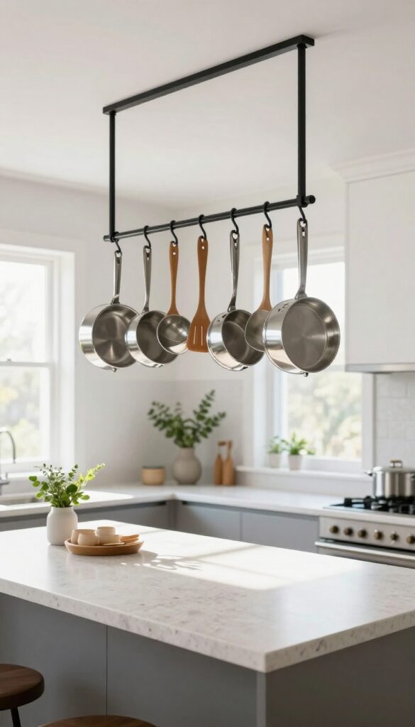 Hanging pot rack above kitchen island with pots and pans