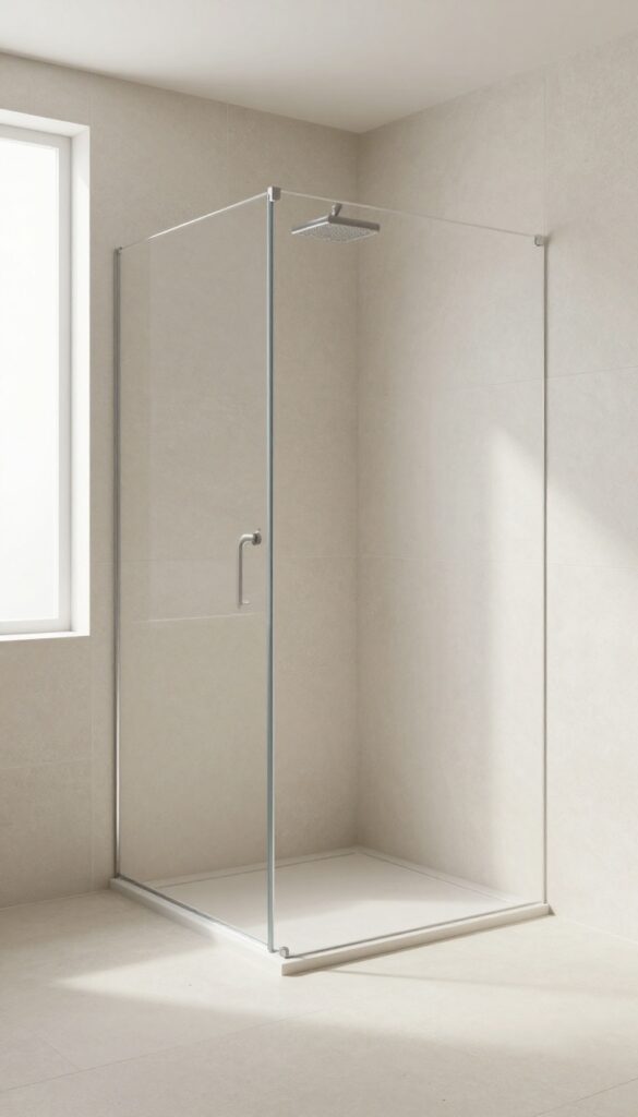 A minimalist curbless shower with large-format tiles in a polished bathroom setting, showcasing clean design and natural lighting.