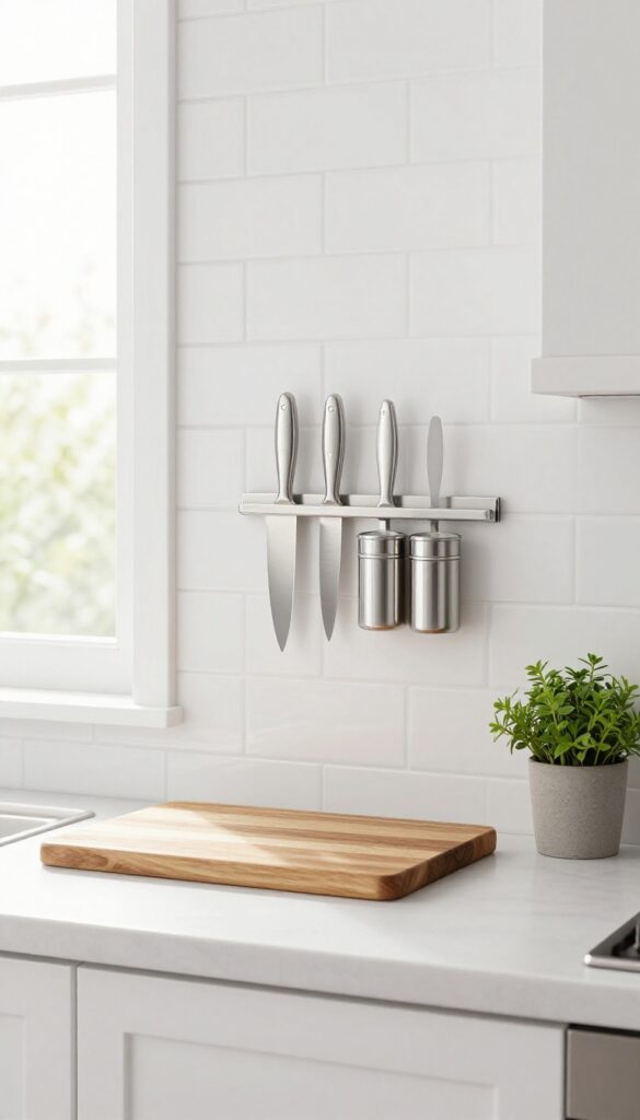 Magnetic strip on backsplash holding knives and metal spice tins in a bright country kitchen
