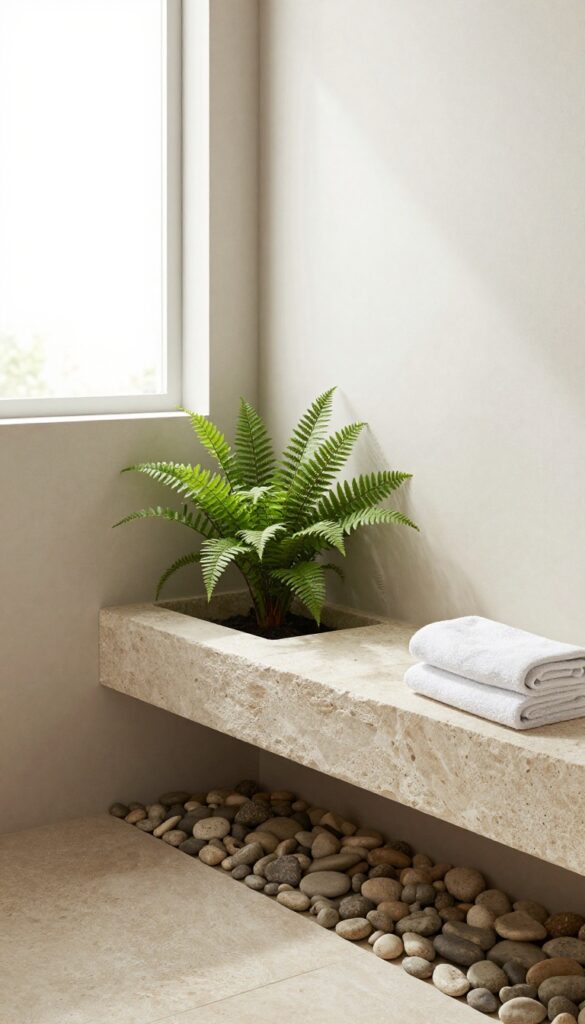 A stone bench with a built-in plant nook in a shower, showcasing earthy textures and greenery for a calm, spa-inspired bathroom decor.