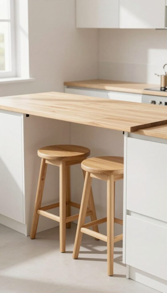 Fold-down table attached to kitchen cabinet base with bar stools, bright natural light, photorealistic interior design