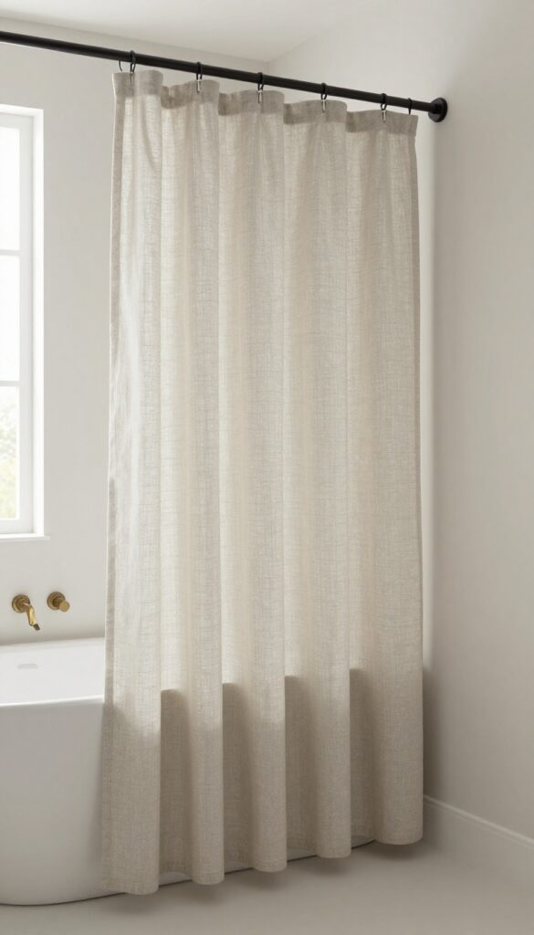 A bathroom with a shower curtain matching the wall color in neutral tones, featuring textured fabric and matte black hardware under bright natural light for a seamless, modern look.