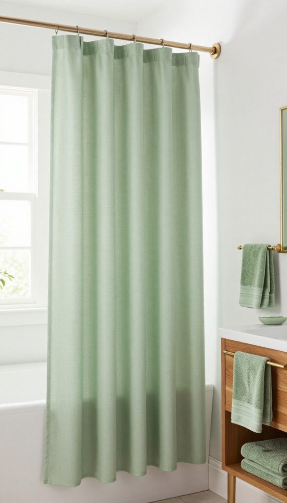 A tall soft sage green shower curtain in a bright, clean bathroom with natural light, paired with white walls, warm wood accents, and brushed brass fixtures.