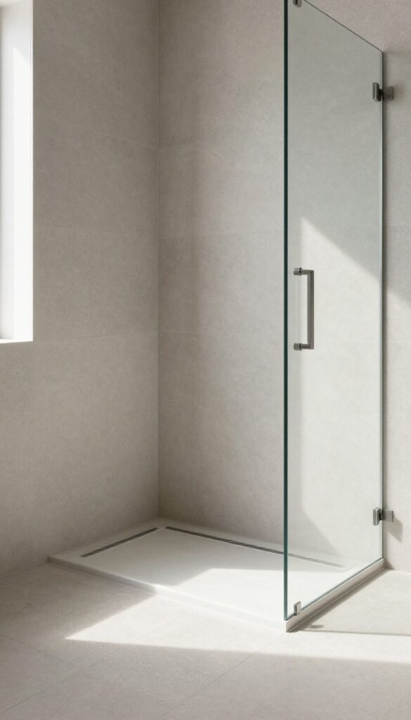 Modern bathroom shower with large stone tiles and a flush linear slot drain