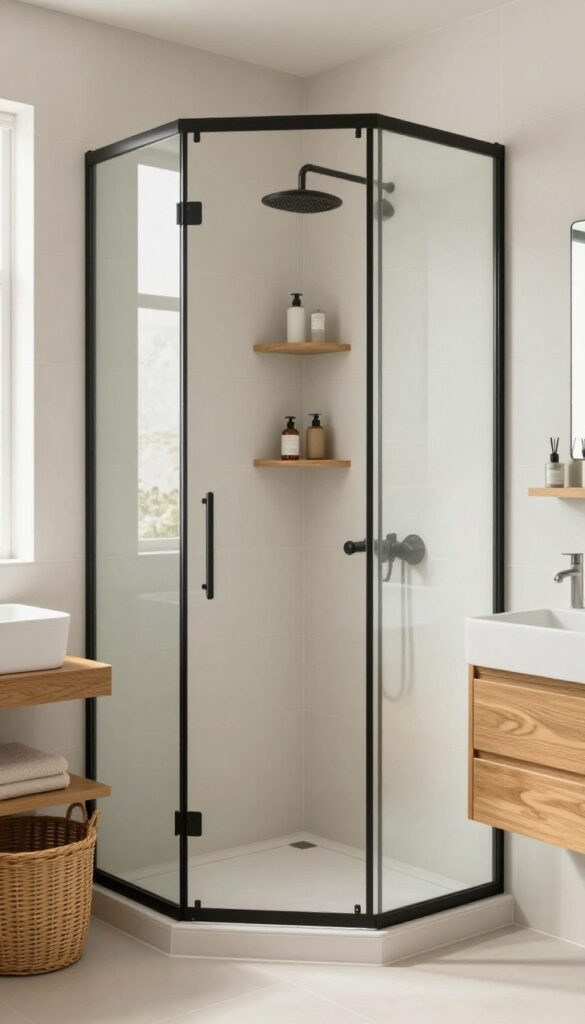 A corner frosted glass shower with warm wood accents in a small bathroom, showcasing natural light and minimalist design to make the space feel larger and inviting.