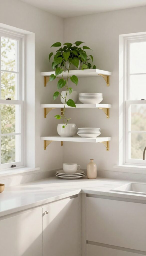 Corner window with custom floating shelf unit displaying plants and dishes