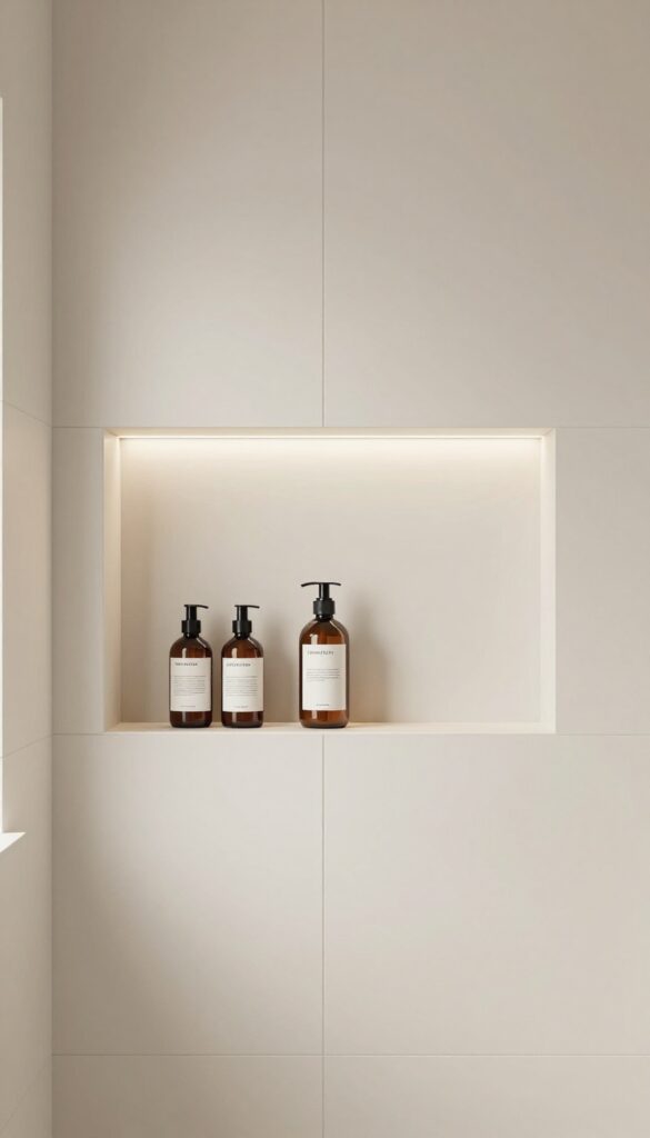 A minimalist recessed niche in a shower wall with clean lines and hidden storage for shampoo bottles, featuring matching tile and subtle LED lighting in a bright, modern bathroom.