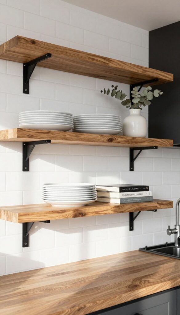 Modern kitchen with thick wood open shelves on black metal brackets, holding white plates, a ceramic vase, and cookbooks, with natural light and industrial accents.