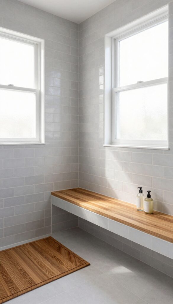 Built-in tiled shower bench with teak mat and wall niche in bright bathroom