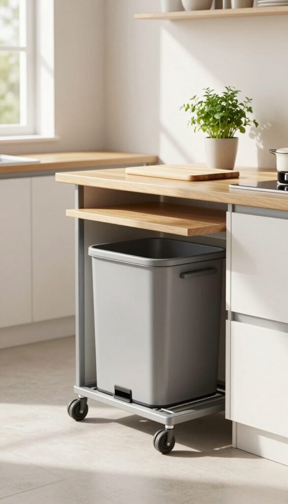 Slim rolling cart with hidden trash can tucked under kitchen counter, wooden top with cutting board and herb pot, bright natural light, minimalist style.