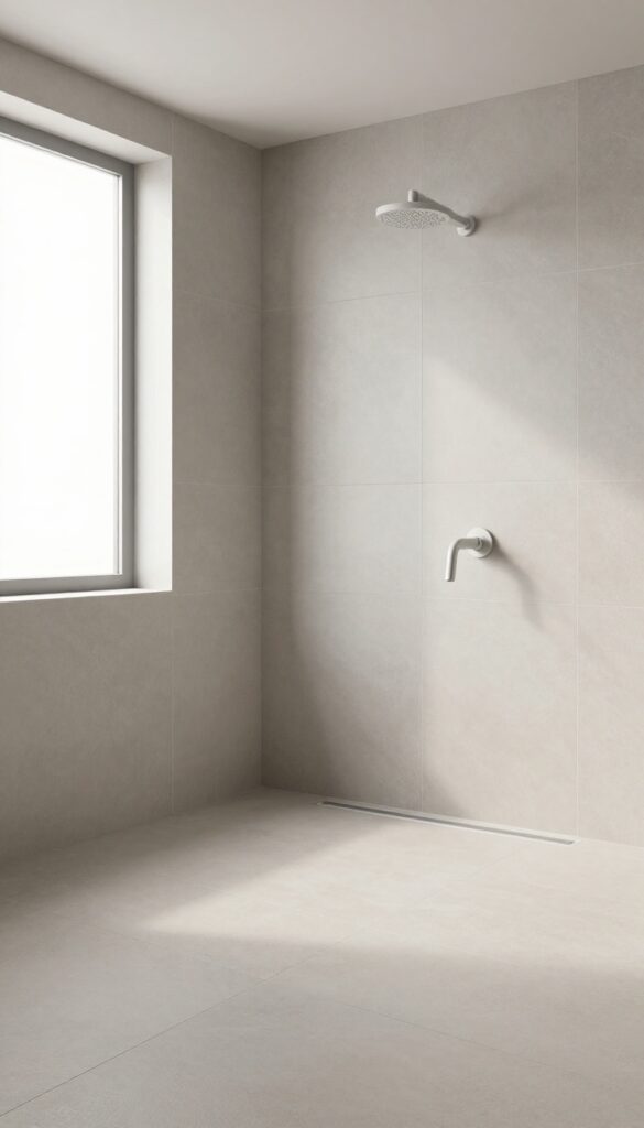 Modern bathroom shower with large-format porcelain tiles in neutral tones, showcasing seamless style and minimal grout lines under bright natural light.