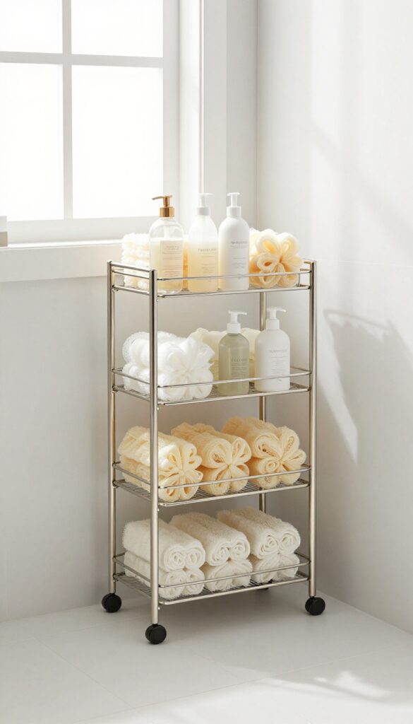 A tiered corner caddy in a shower, organizing bottles and loofahs vertically to maximize storage in a small bathroom