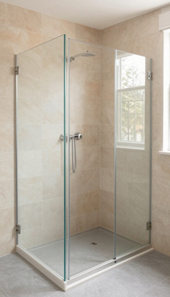 A walk-in shower featuring mixed tile sizes in soft gray and warm tones for a custom layered design