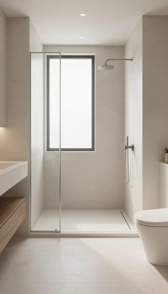 A modern bathroom with a recessed shower threshold creating a seamless entry, featuring large-format tiles and bright natural lighting for a clean, accessible design.