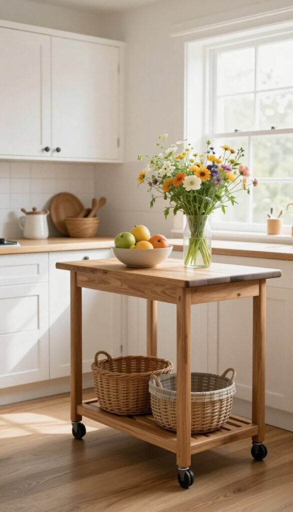 Country kitchen with a wooden rolling cart as a portable island, featuring a butcher-block top and baskets.