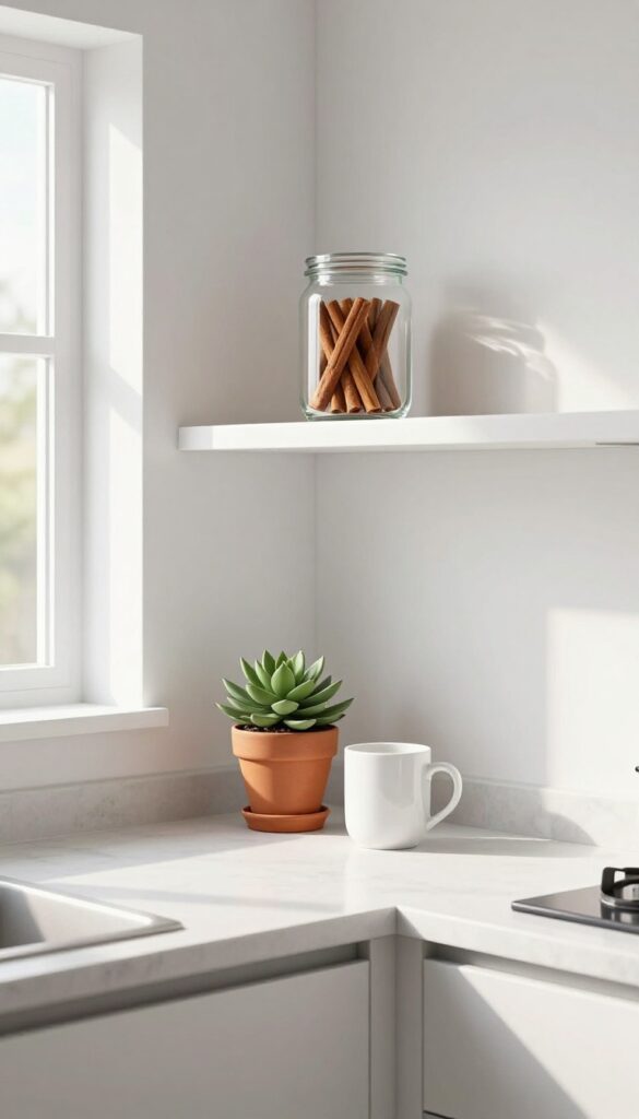 Modern kitchen corner with two floating shelves displaying a succulent, a mug, and a jar of cinnamon sticks, maximizing dead space.