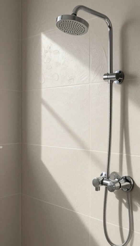 Close-up of textured tile shower backsplash with natural light highlighting tactile surfaces in a modern bathroom.