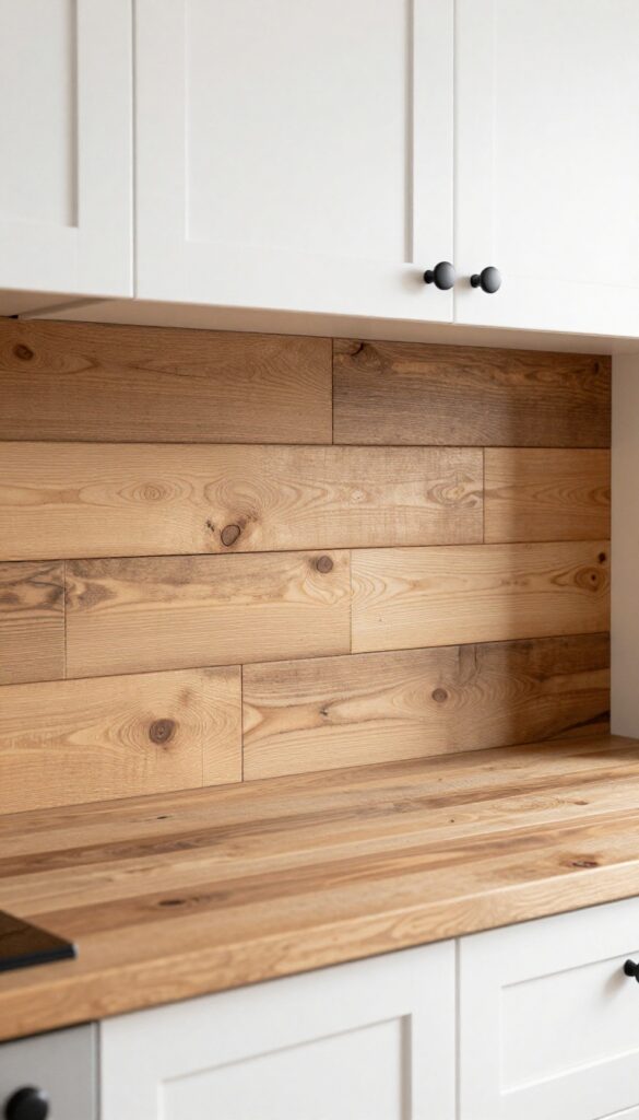 Reclaimed wood plank kitchen backsplash with rustic warmth, white shaker cabinets, black hardware, natural light