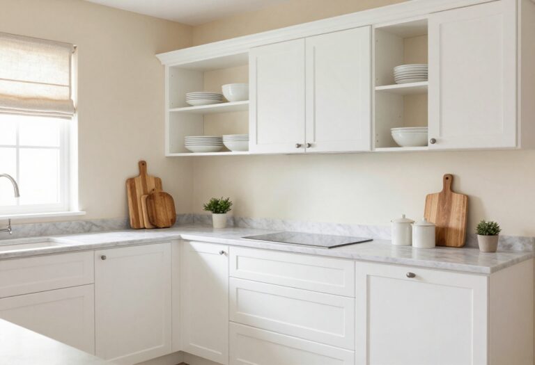 Inviting neutral kitchen with white cabinets, marble countertops, open shelving, and natural light
