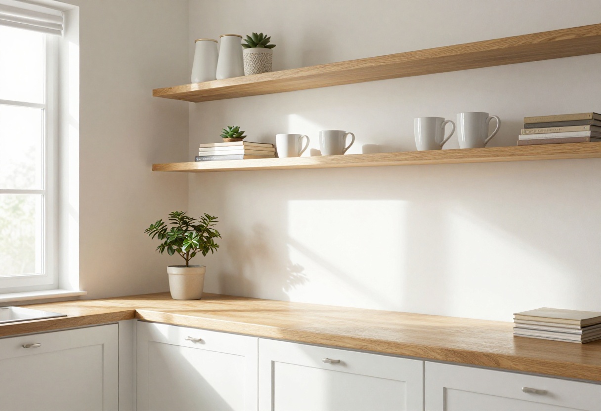 A cozy kitchen with floating shelves displaying white mugs, a succulent, and cookbooks on a warm wood wall.