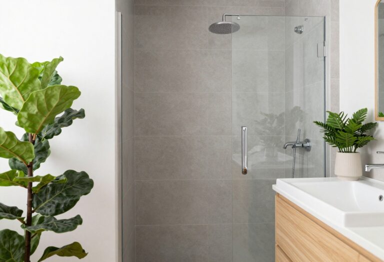 Modern grey tile shower with wood shelves and plants in a bright, cozy bathroom setting.