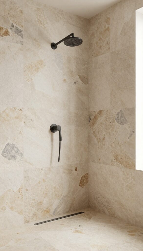 Natural stone tile shower with slate and river rock textures in bright natural light for an off-grid bathroom design.