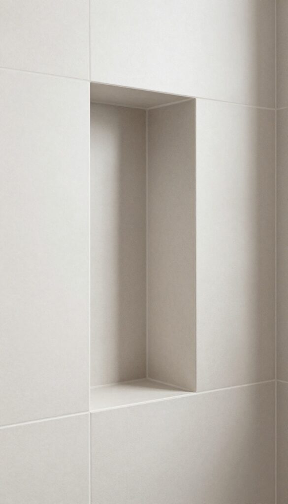 A shower niche with contrasting tile inside a bathroom wall, showcasing intentional design and subtle contrast in home decor inspiration.