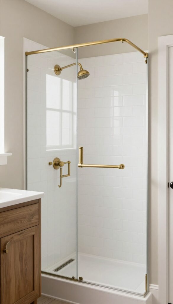 A farmhouse walk-in shower with warm brass fixtures against white tile in bright natural light.