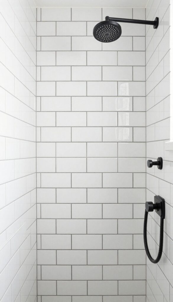 White subway tile with black grout in a modern shower
