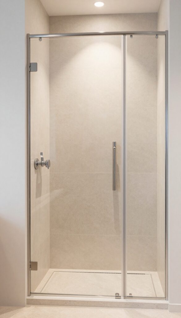 Close-up of a knee wall shower with metallic trim and finishes, showcasing a sleek, polished design that catches light and adds structure without overwhelming the space.