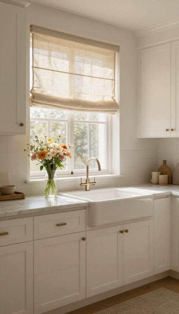 Kitchen with soft roman shades over the sink, filtering natural light