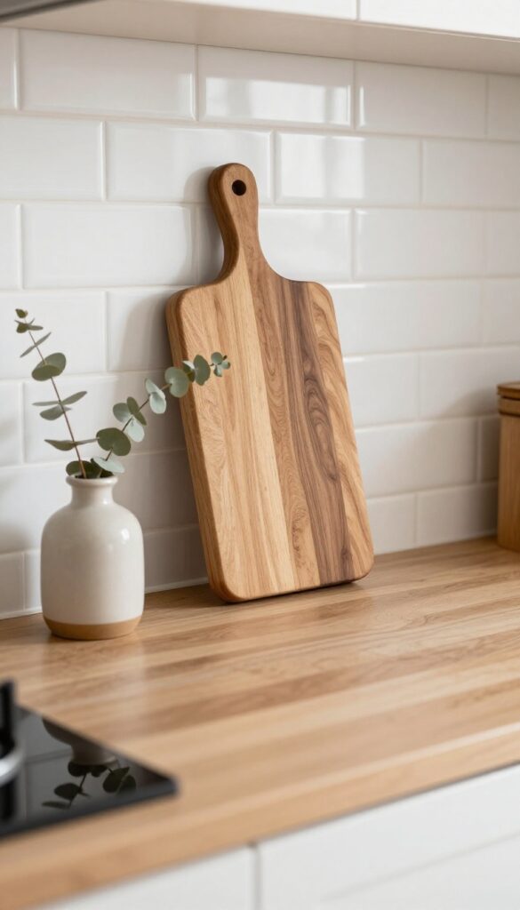 A wooden cutting board leaning against a tiled backsplash in a cozy kitchen corner, with a salt cellar and small vase nearby.
