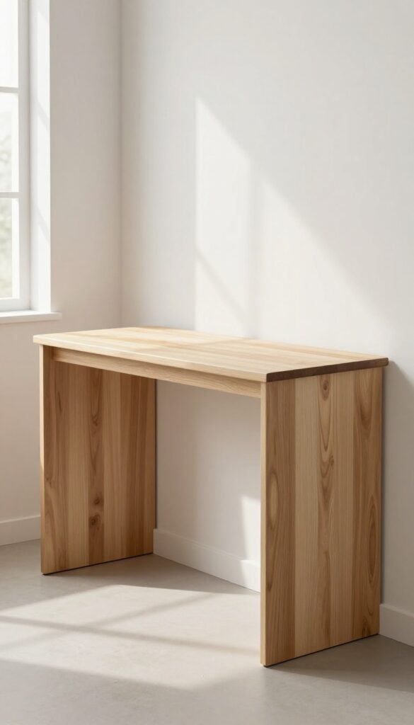 Drop-leaf table folded down against kitchen wall in bright modern kitchen