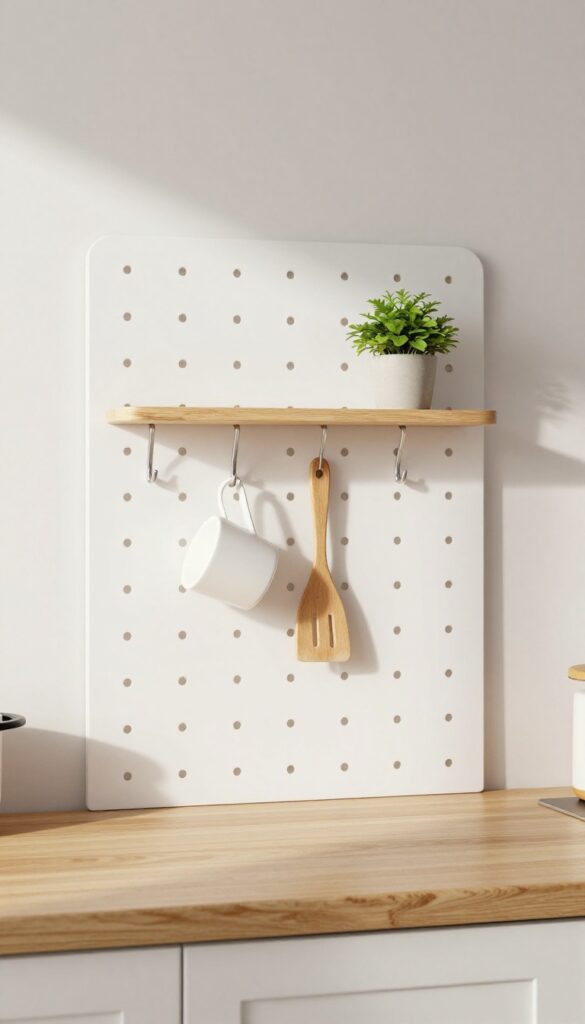 Kitchen with white pegboard backsplash holding utensils and a mug, plant on shelf, natural light
