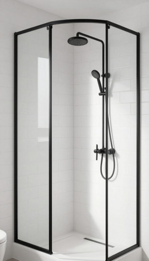 Modern shower with matte black fixtures against white subway tile