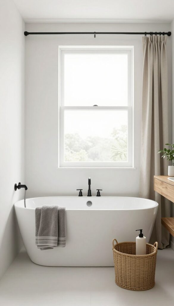 A minimalist bathroom with a bath and shower combo in a tight color palette of white, warm wood, and black accents, featuring natural light and coordinated decor for a clean, calm look.